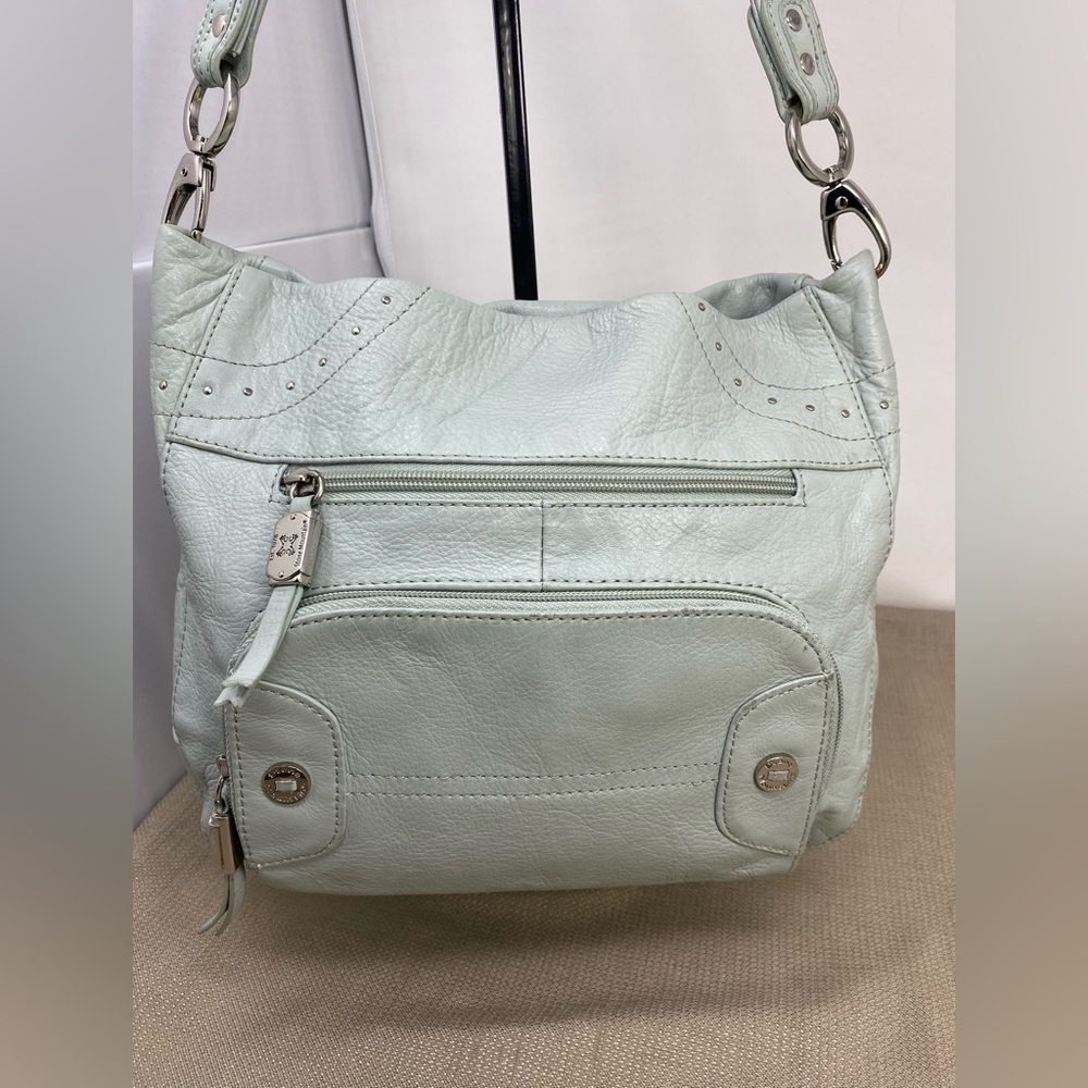 STONE MOUNTAIN LT. BLUE LEATHER SHOULDER BAG